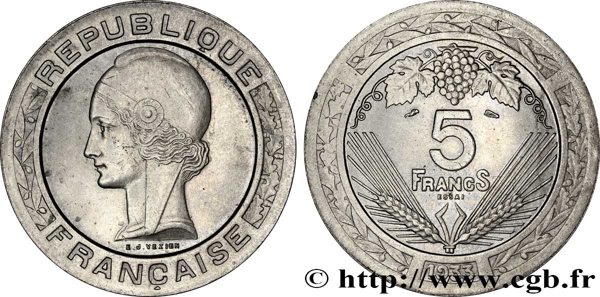Concours de 5 francs, essai de Vézien, en nickel 1933 Paris GEM.139 1 SPL58 
