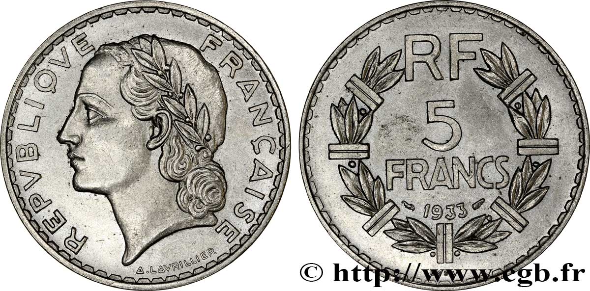 Essai de 5 francs Lavrillier, nickel 1933  F.336/1 VZ59 
