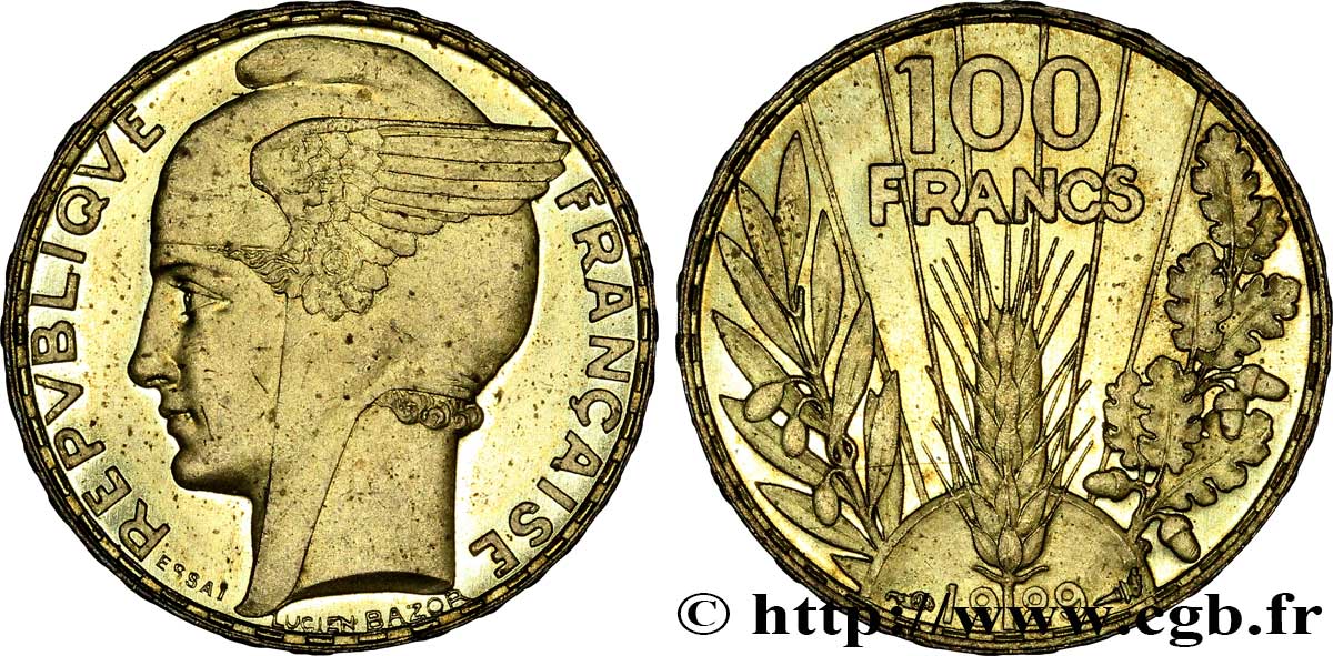 Concours de 100 francs or, essai de Bazor en bronze-aluminium 1929 Paris GEM.288 7 SPL63 