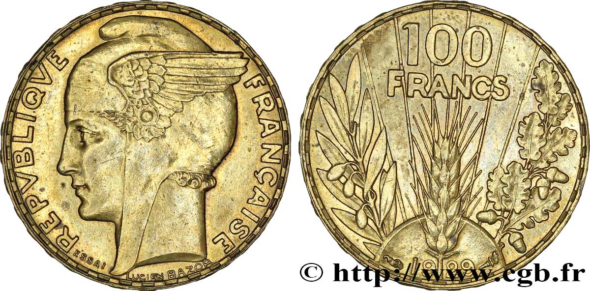Concours de 100 francs or, essai de Bazor en bronze-aluminium 1929 Paris VG.5216 var. EBC60 