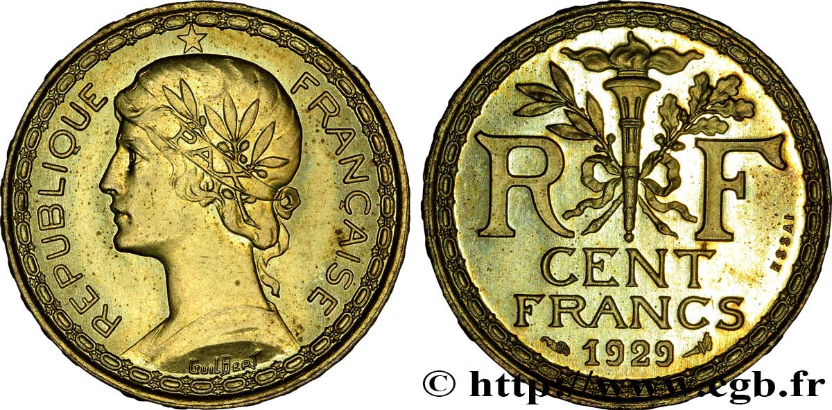 Concours de 100 francs or, essai de Guilbert en bronze-aluminium 1929 Paris VG.5219 var. SPL63 