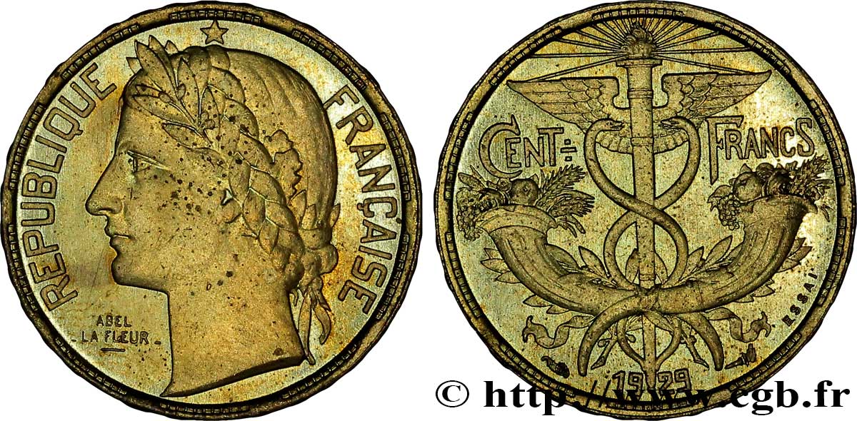 Concours de 100 francs or, essai de La Fleur en bronze-aluminium 1929 Paris VG.5220 var. SC63 