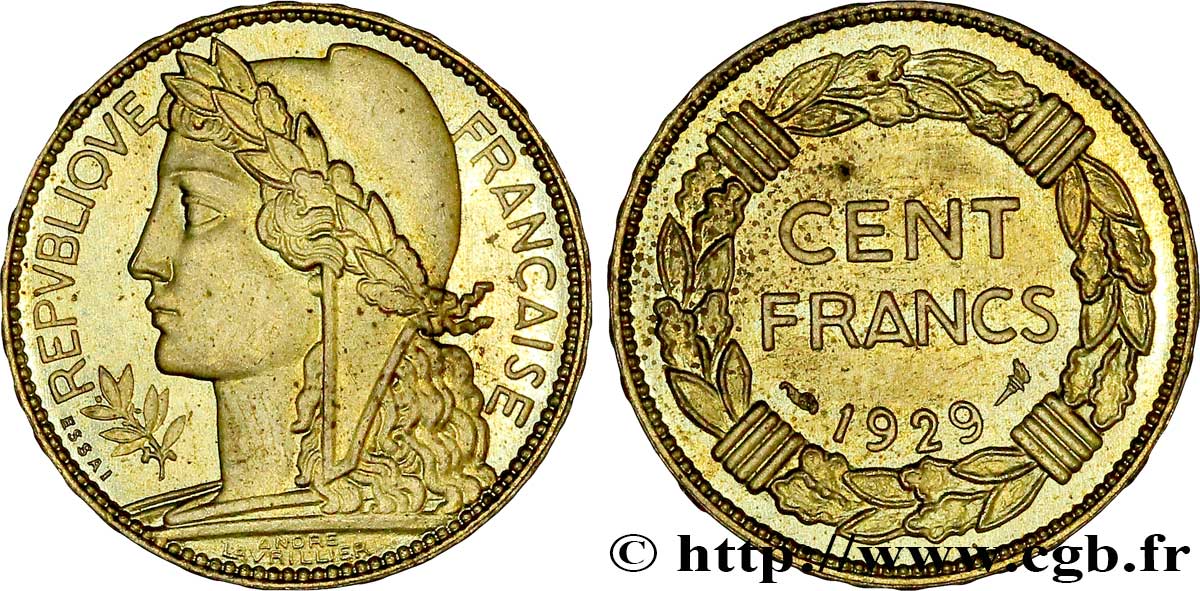 Concours de 100 francs or, essai de Lavrillier en bronze-aluminium 1929 Paris GEM.5221 var. SPL63 