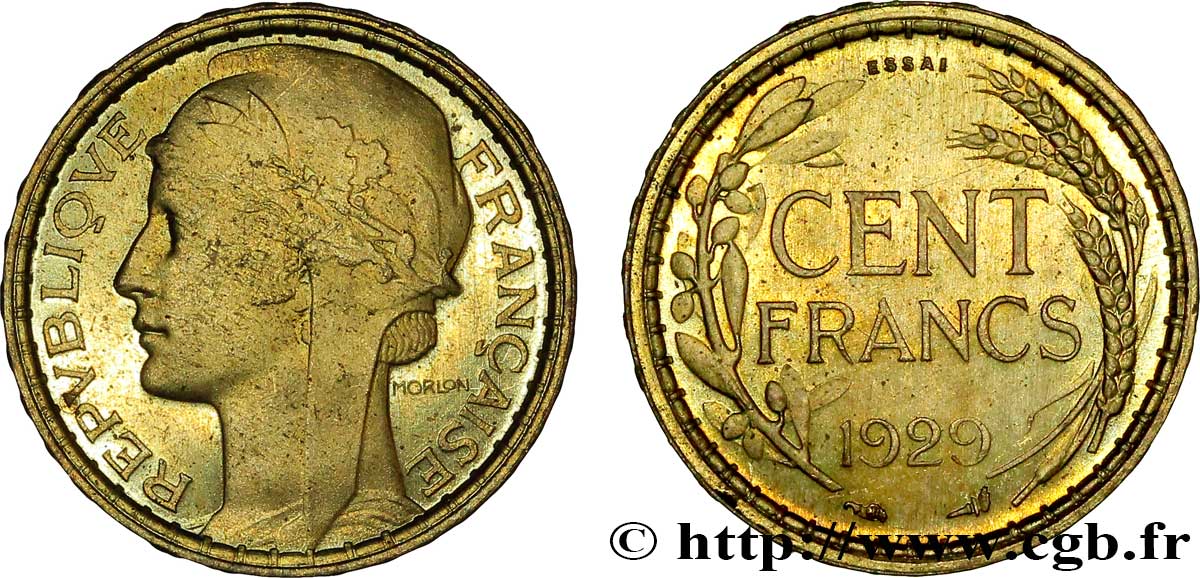 Concours de 100 francs or, essai de Morlon en bronze-aluminium 1929 Paris VG.5222 var. SPL63 