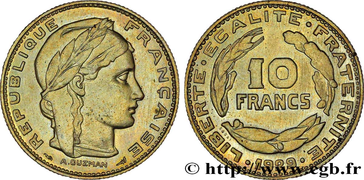 Concours de 10 francs, essai de Guzman en bronze-aluminium 1929 Paris VG.5229 var. SPL64 