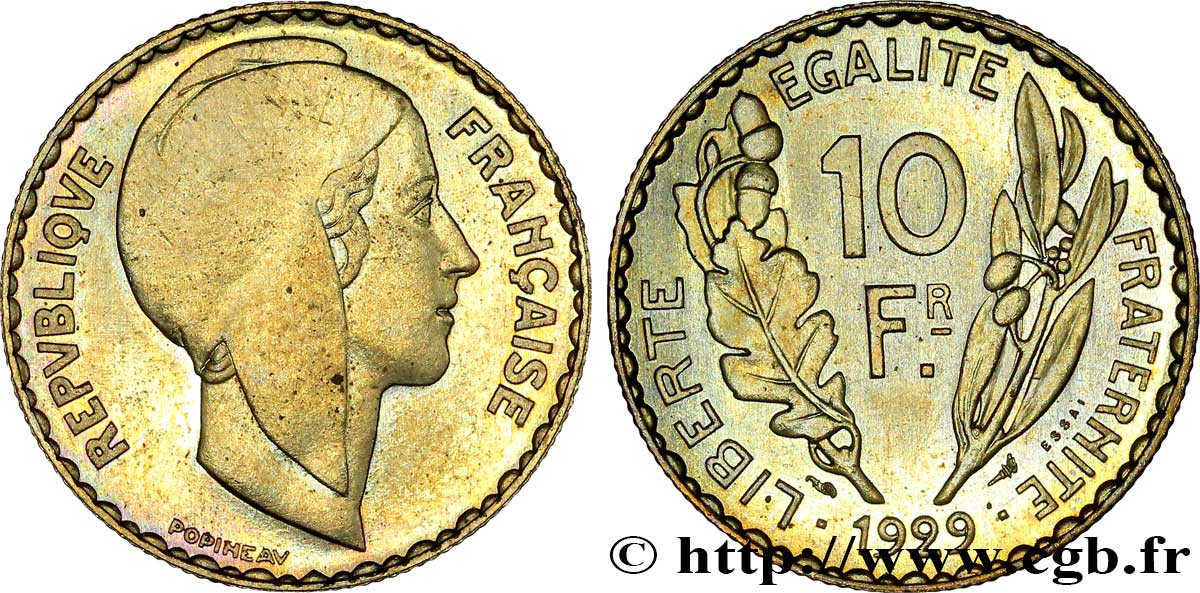 Concours de 10 francs, essai de Popineau en bronze-aluminium 1929 Paris VG.5232 var. fST64 