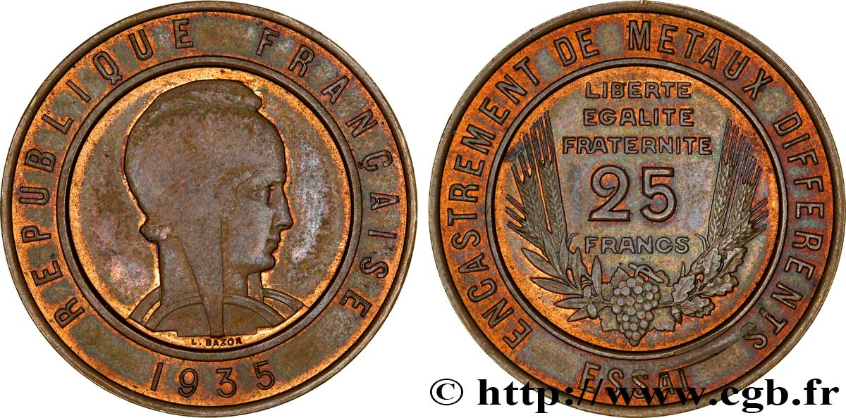 Essai de 25 francs bimétallique en bronze 1935  VG.5406 var SUP60 