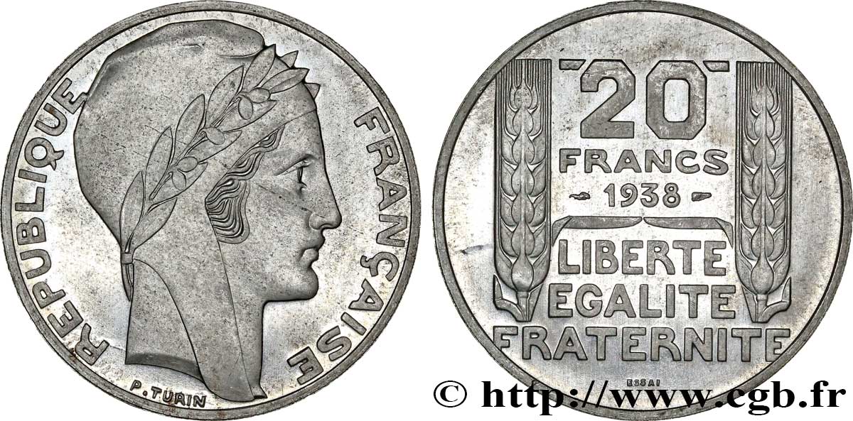Préparation de la 20 francs Pétain, type Turin, essai en aluminium, tranche lisse, 4 g 1938 Paris VG.5489  b SC64 