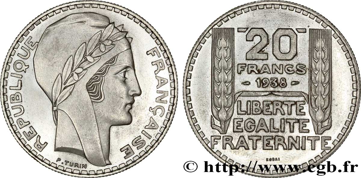 Essai de 20 francs Turin en nickel, tranche striée 1938 Paris VG.5481  b SUP62 