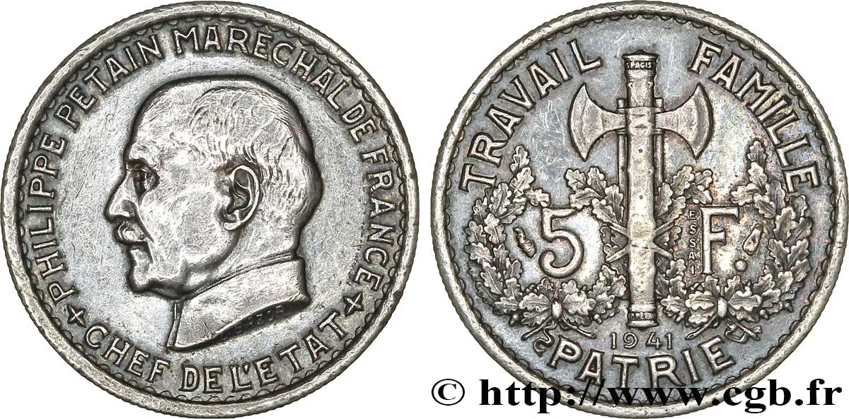 Essai de 5 francs Pétain en cupro-nickel, 1er projet de Bazor 1941 Paris GEM. 142 16 SPL60 