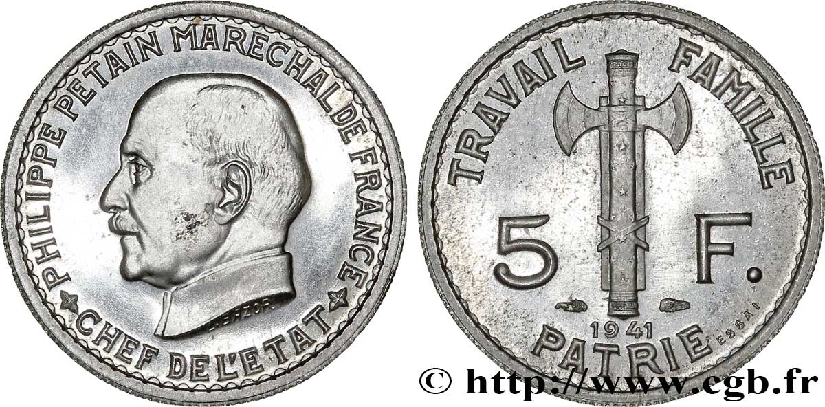 Essai de 5 francs Pétain en aluminium, 3e projet de Bazor (type adopté) 1941 Paris GEM.142 62 MS62 