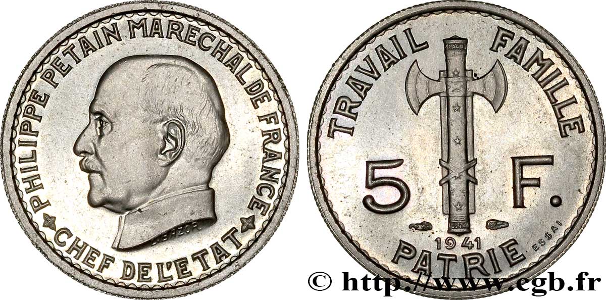 Essai de 5 francs Pétain 1941 Paris F.338/1 MS63 