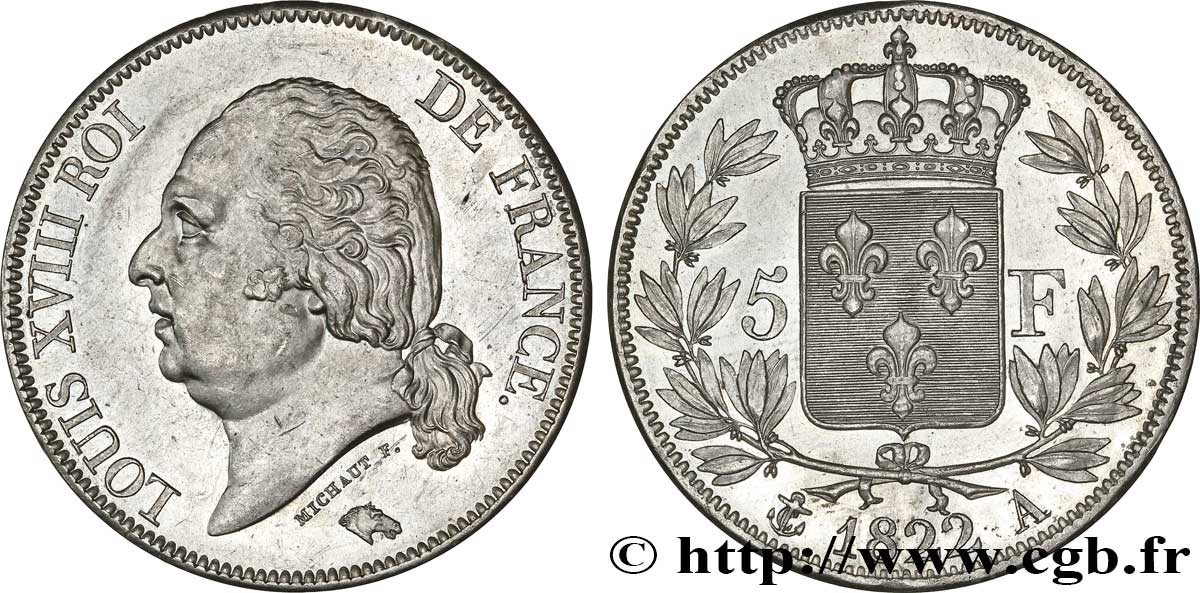 5 francs Louis XVIII, tête nue 1822 Paris F.309/68 MBC+ 
