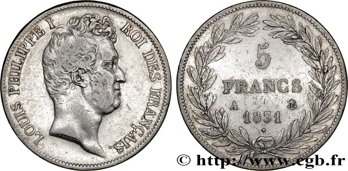 5 francs type Tiolier avec le I, tranche en creux 1831 Paris F.315/14 TB35 