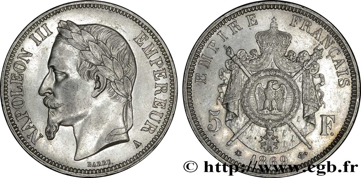 5 francs Napoléon III, tête laurée 1869 Paris F.331/14 MBC52 