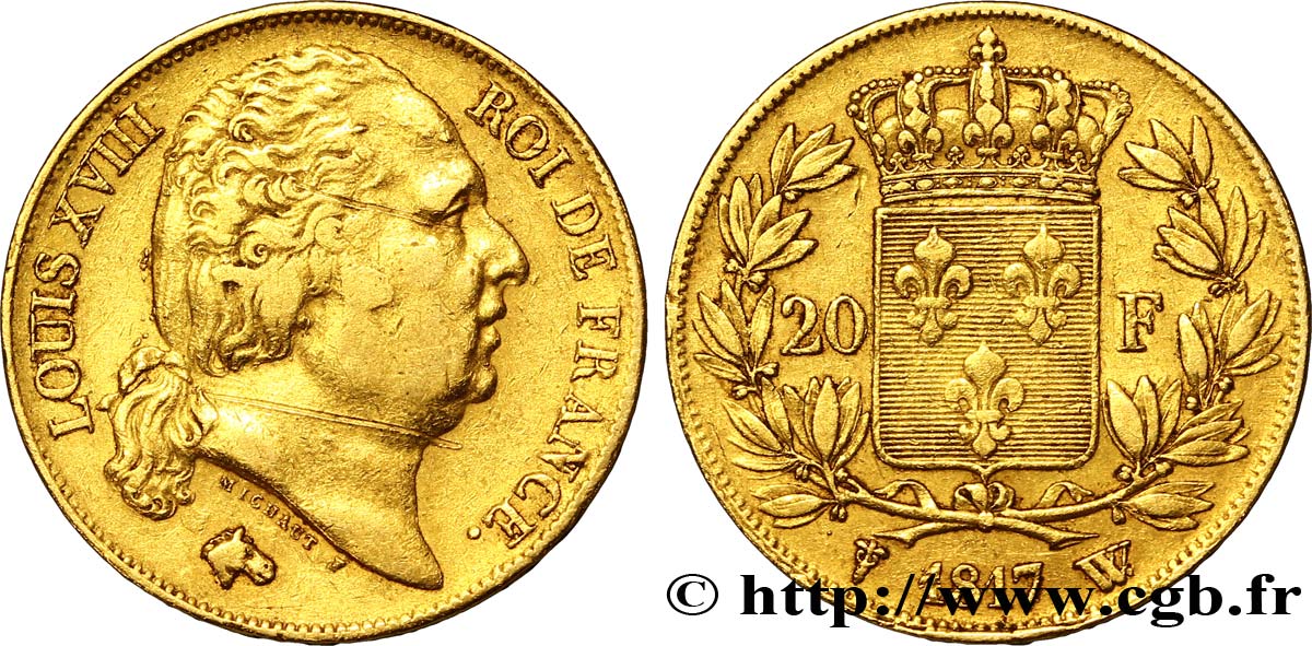 20 francs or Louis XVIII, tête nue 1817 Lille F.519/9 MBC45 