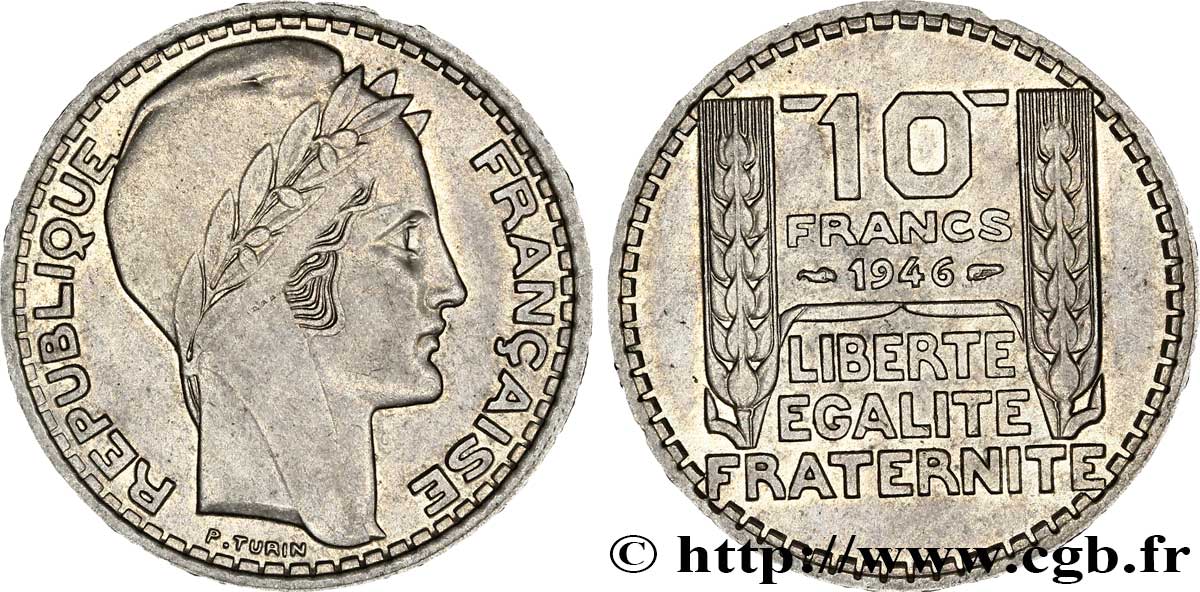 10 francs Turin, grosse tête, rameaux longs 1946  F.361/3 VZ58 