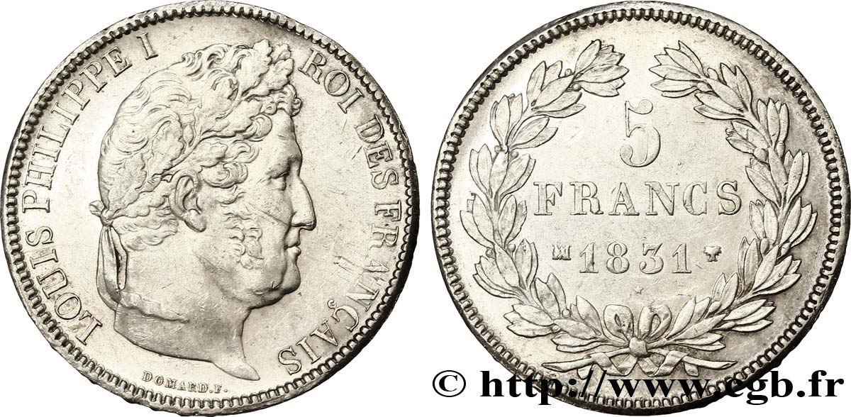 5 francs Ier type Domard, tranche en creux 1831 Marseille F.319/6 TTB53 