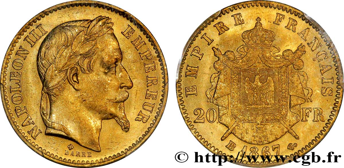 20 francs or Napoléon III, tête laurée 1867 Strasbourg F.532/17 SUP61 