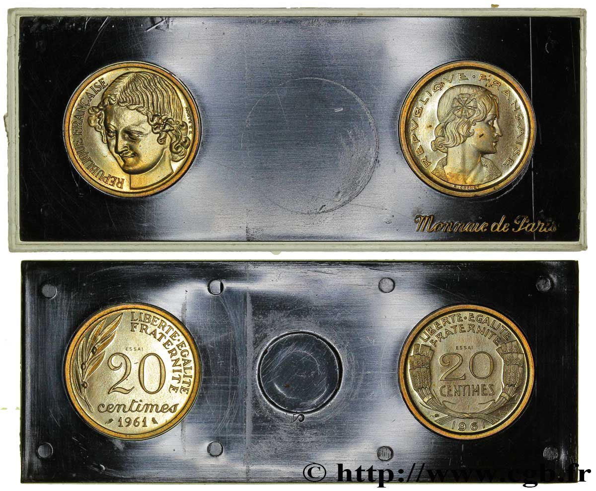 Boîte de deux essais de 20 centimes, Cochet et Baron 1961 Paris G.325  MS64 