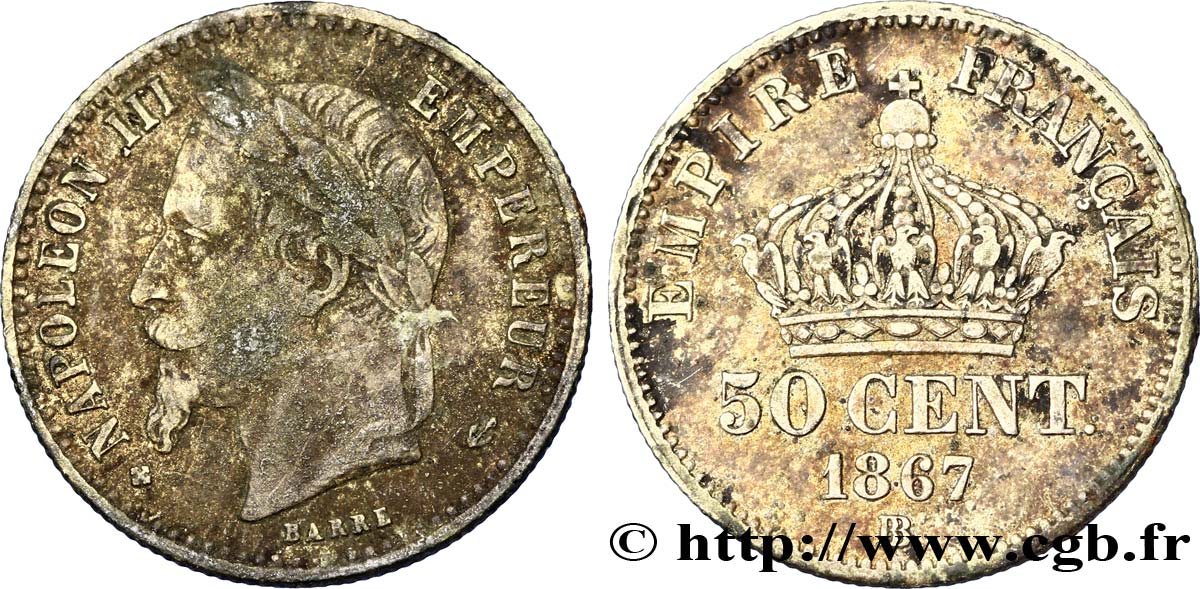 50 centimes Napoléon III, tête laurée 1867 Strasbourg F.188/15 TB35 