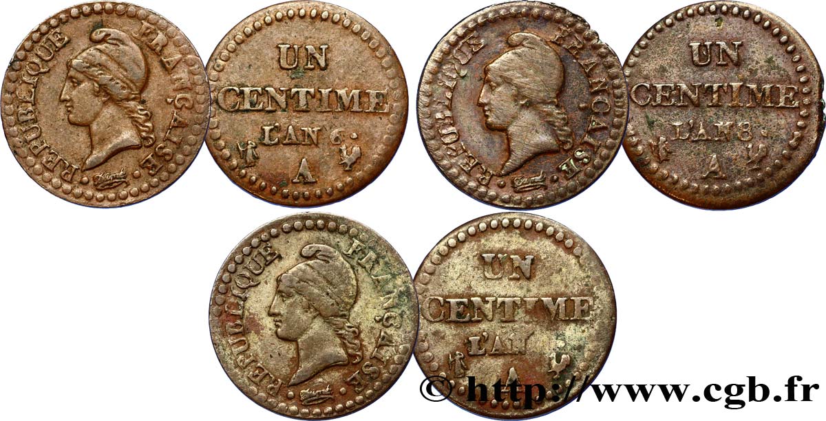 Lot de trois pièces d’Un centime Dupré n.d. Paris F.100/- BC/MBC 