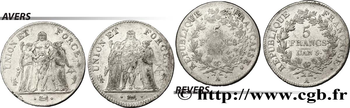Lot de deux pièces de 5 francs Union et Force, Union serré, avec glands intérieurs et gland extérieur n.d. Paris F.288/1 MB 