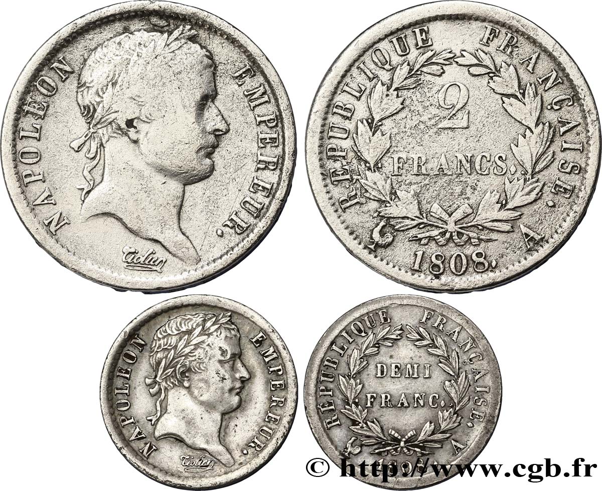 Lot de deux pièces Napoléon Empereur, République française 1808 n.l. F.-/- SGE/S 
