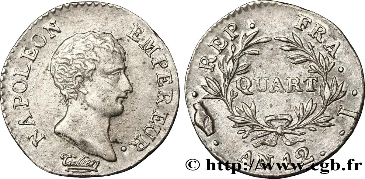 Quart (de franc) Napoléon Empereur, Calendrier révolutionnaire 1804 Limoges F.158/4 AU50 