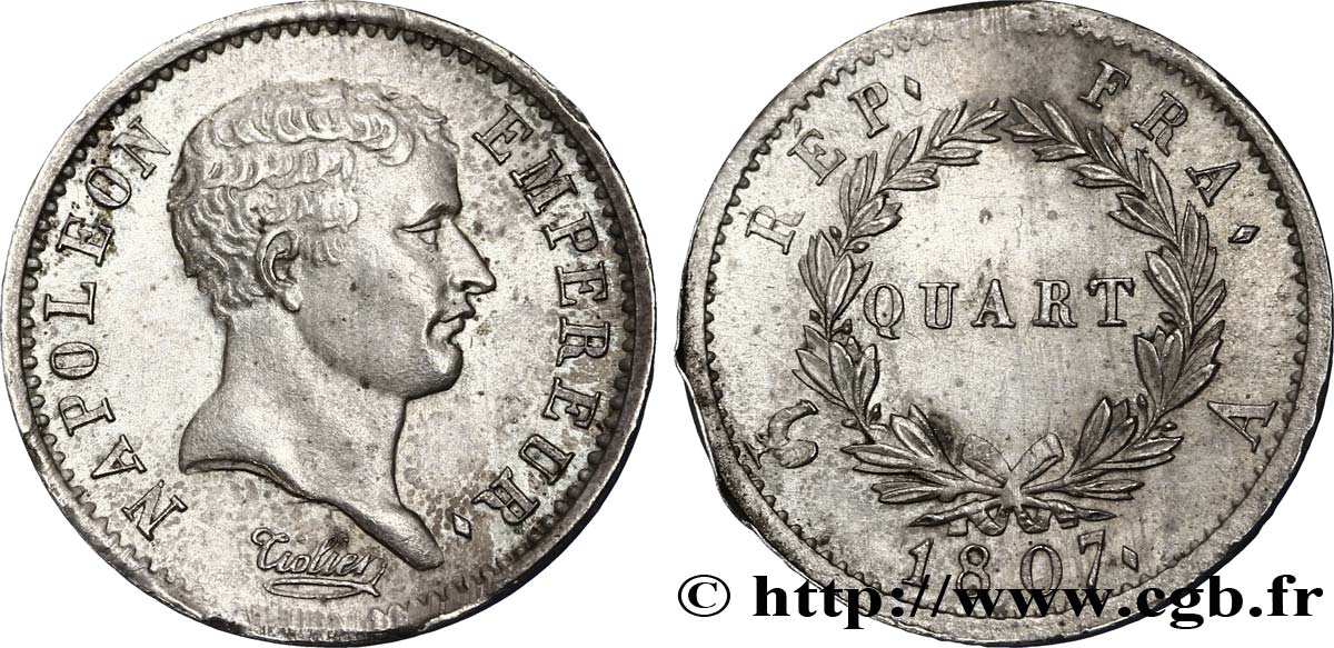 Quart (de franc) Napoléon Empereur, tête de nègre 1807 Paris F.160/1 EBC 
