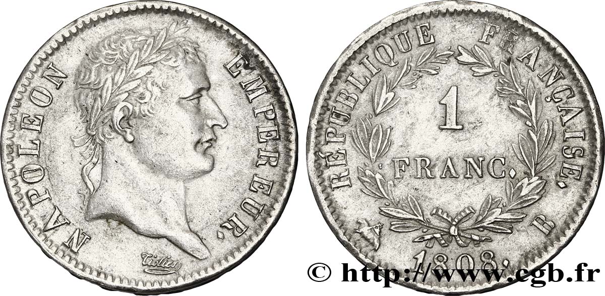 1 franc Napoléon Ier tête laurée, République française 1808 Rouen F.204/3 TTB45 