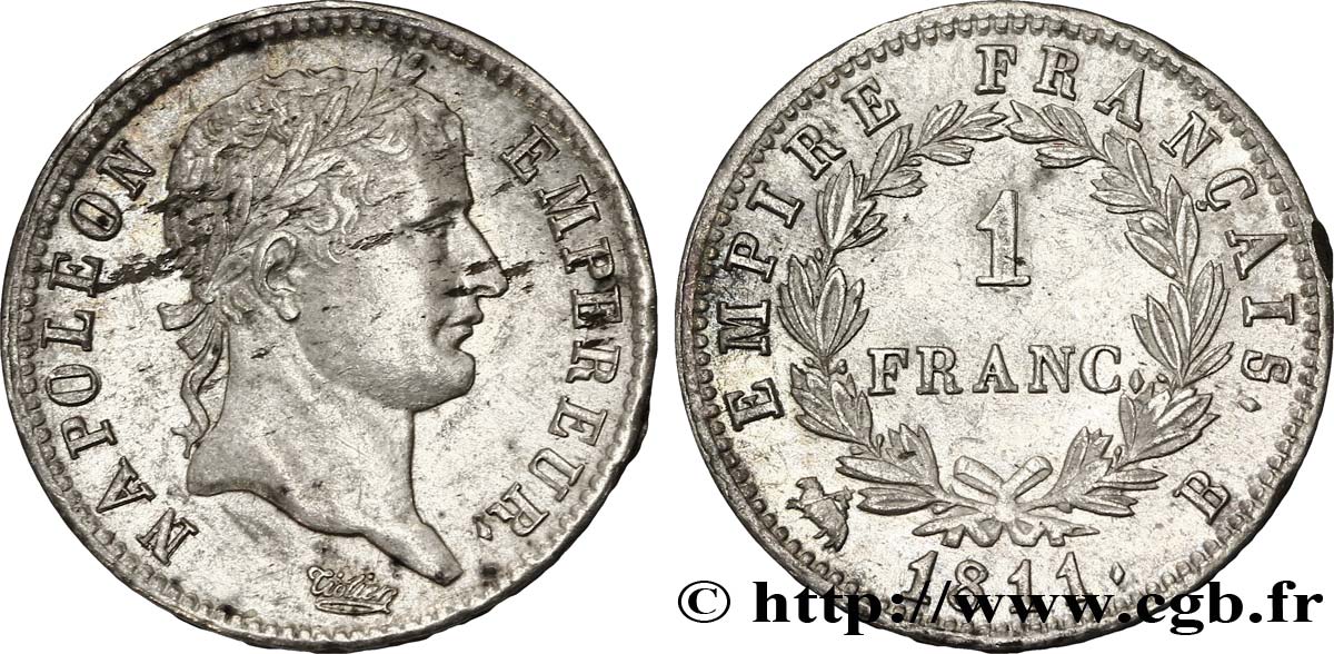 1 franc Napoléon Ier tête laurée, Empire français 1811 Rouen F.205/29 MBC48 