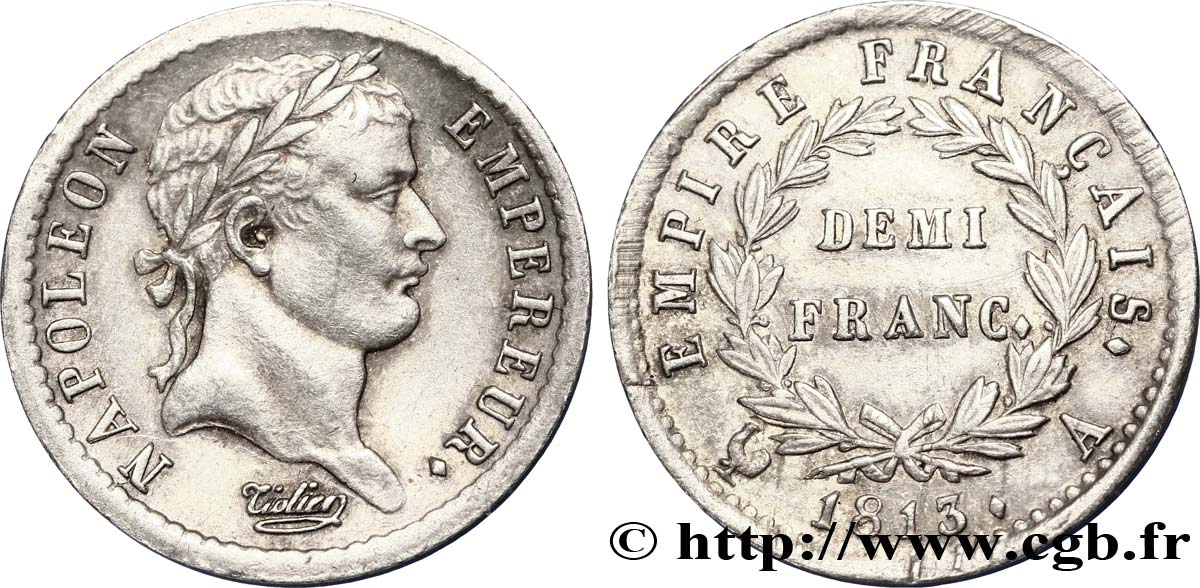 Demi-franc Napoléon Ier tête laurée, Empire français 1813 Paris F.178/49 MBC50 