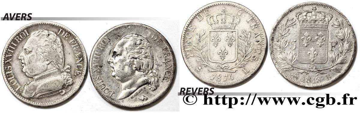 Lot de deux pièces de 5 francs Louis XVIII n.d. n.l. F.-/- SS 
