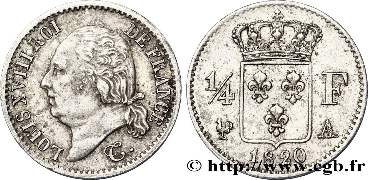 1/4 franc Louis XVIII  1820 Paris F.163/18 SS48 