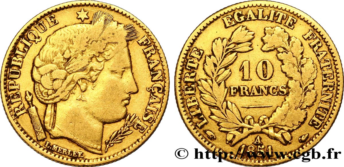 10 francs or Cérès, IIe République 1851 Paris F.504/3 S30 