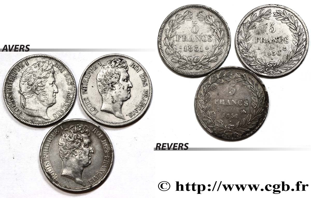 Lot de trois pièces de 5 francs Louis-Philippe n.d. n.l. F.-/- TB/TB+ 