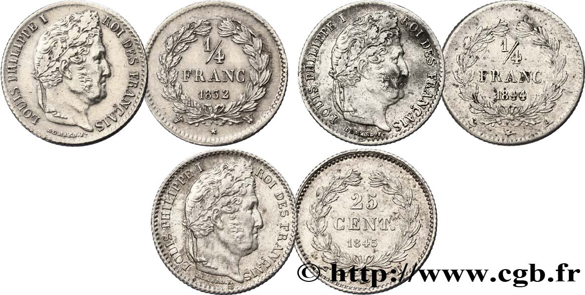 Lot de deux pièces de 1/4 franc et d’une pièce de 25 centimes Louis-Philippe n.d. n.l. F.-/- VF/AU 