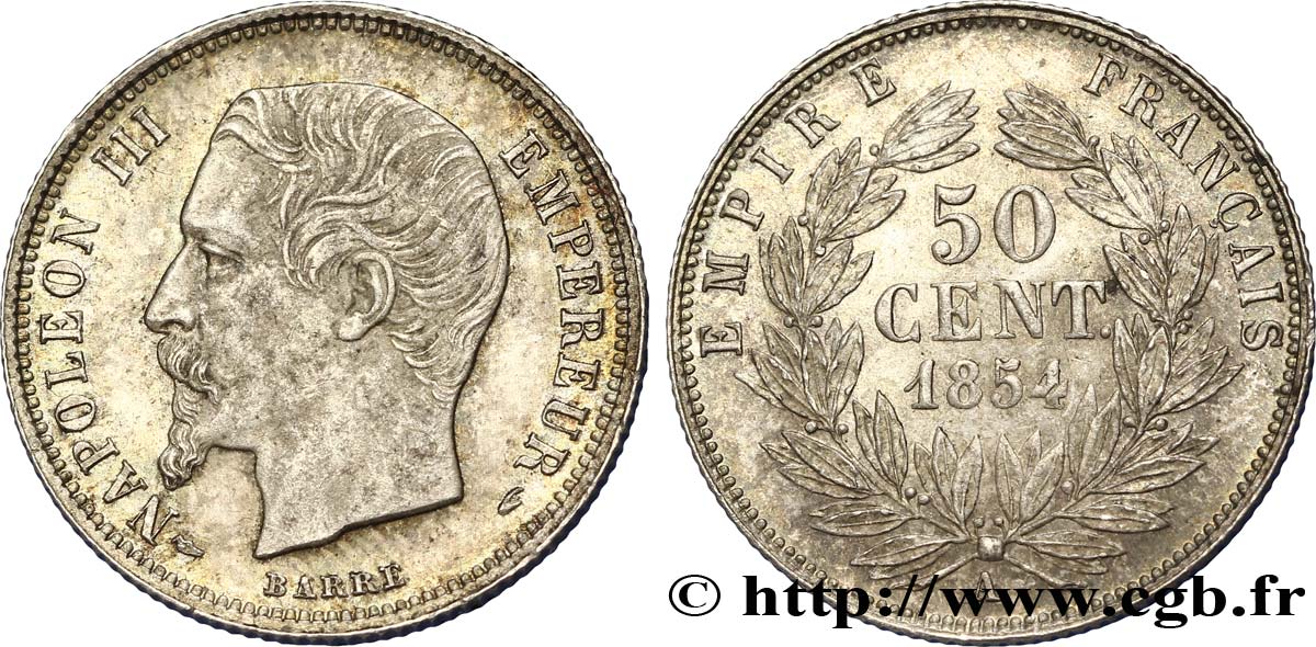 50 centimes Napoléon III, tête nue 1854 Paris F.187/2 SPL58 