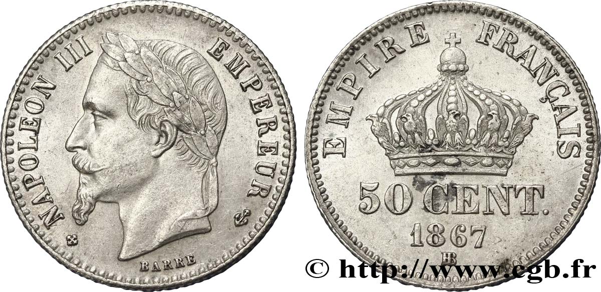 50 centimes Napoléon III, tête laurée 1867 Strasbourg F.188/15 EBC60 