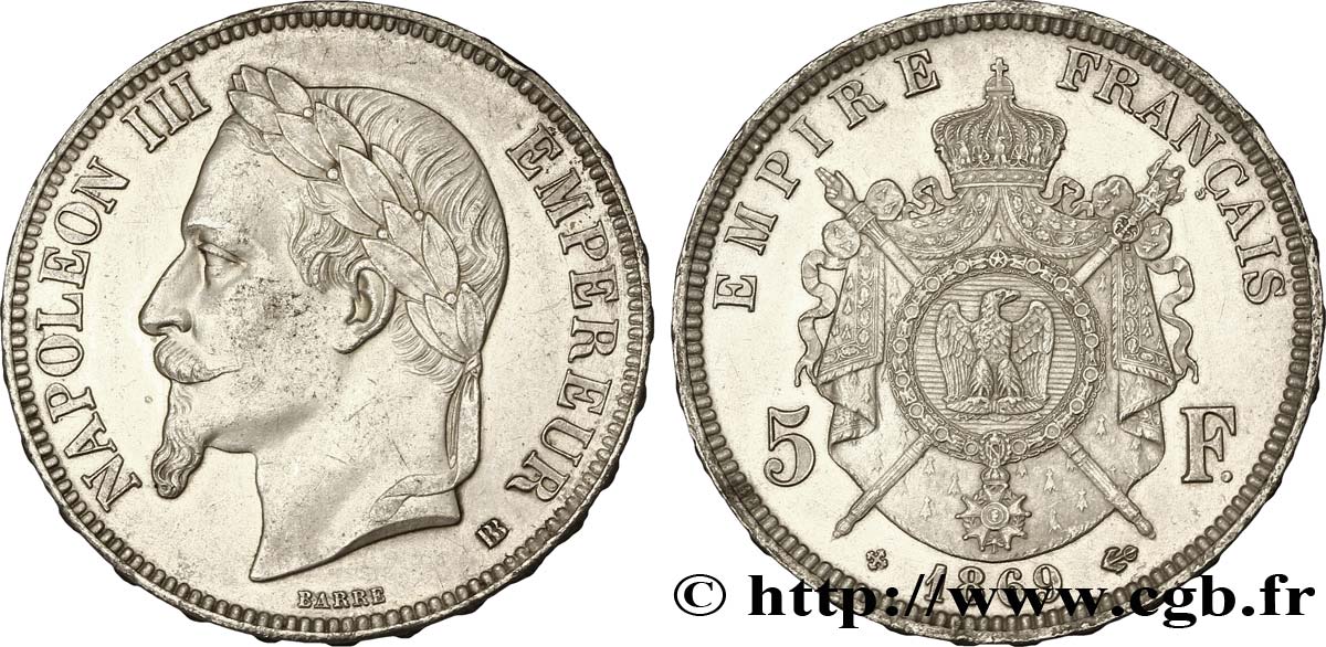 5 francs Napoléon III, tête laurée 1869 Strasbourg F.331/15 AU58 
