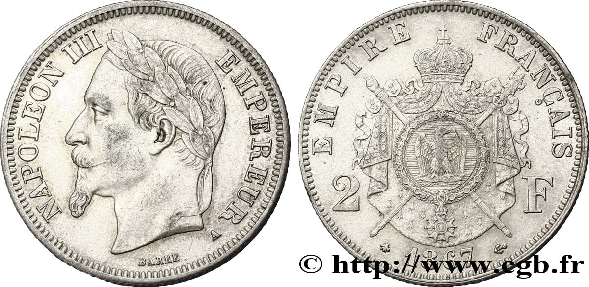 2 francs Napoléon III, tête laurée  1867 Paris F.263/5 SUP55 