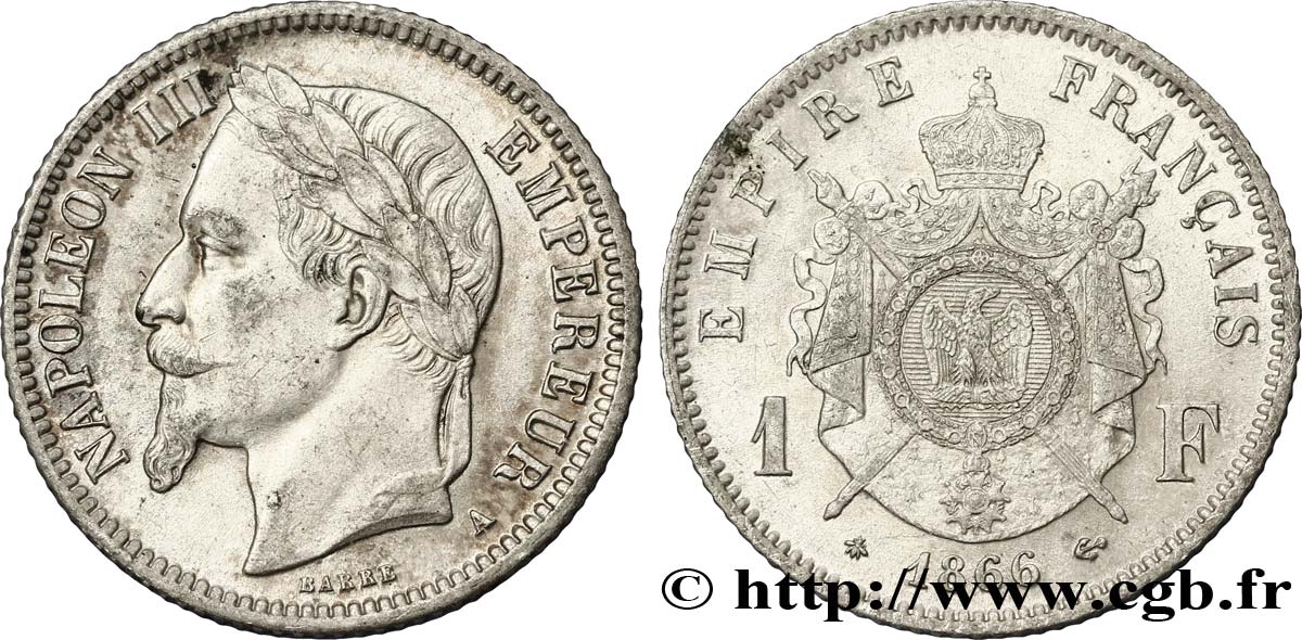 1 franc Napoléon III, tête laurée 1866 Paris F.215/3 SUP58 