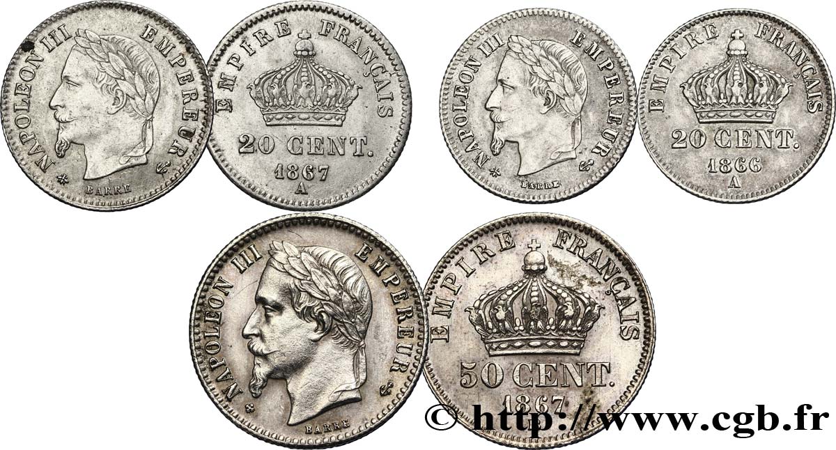 Lot de trois monnaies en argent Napoléon III, tête laurée n.d. n.l. F.-/- XF/AU 
