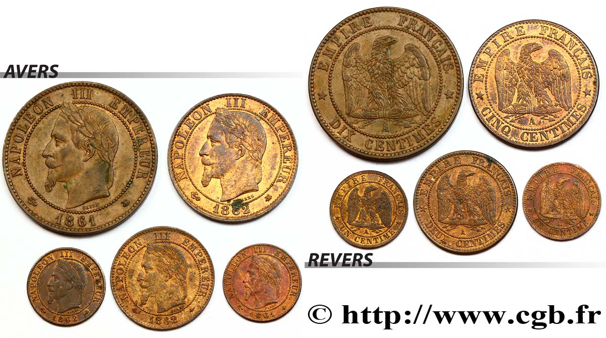 Lot de cinq monnaies en bronze Napoléon III, tête laurée n.d. n.l. F.-/- XF/AU 