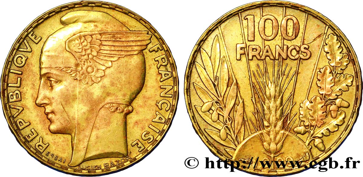 Concours de 100 francs or, essai de Bazor en bronze-aluminium 1929 Paris VG.5216 var. SUP58 