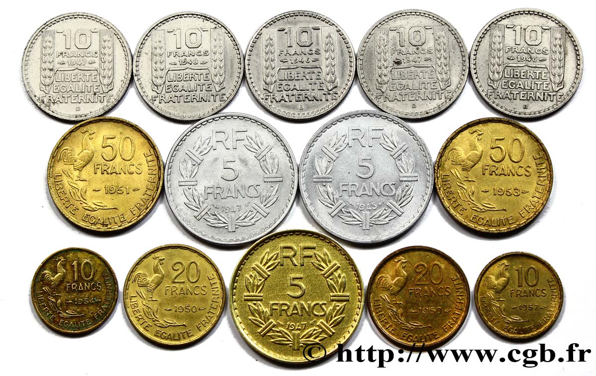 Lot de quatorze monnaies, divers métaux, toutes époques n.d. n.l. F.-/- BC/EBC 