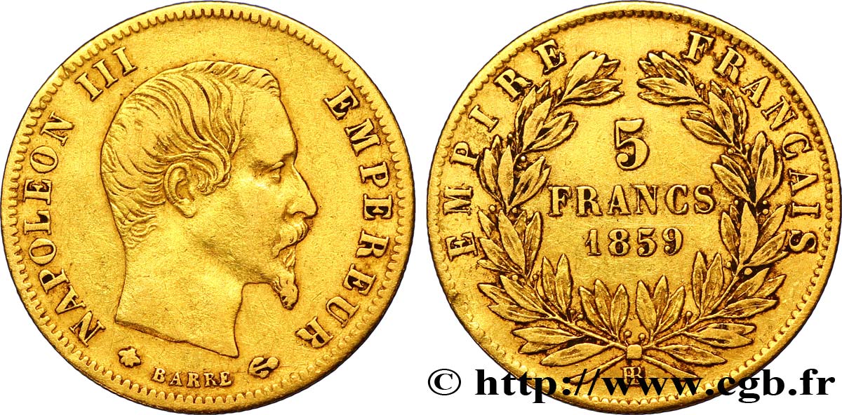 5 francs or Napoléon III, tête nue, grand module 1859 Strasbourg F.501/8 TTB40 