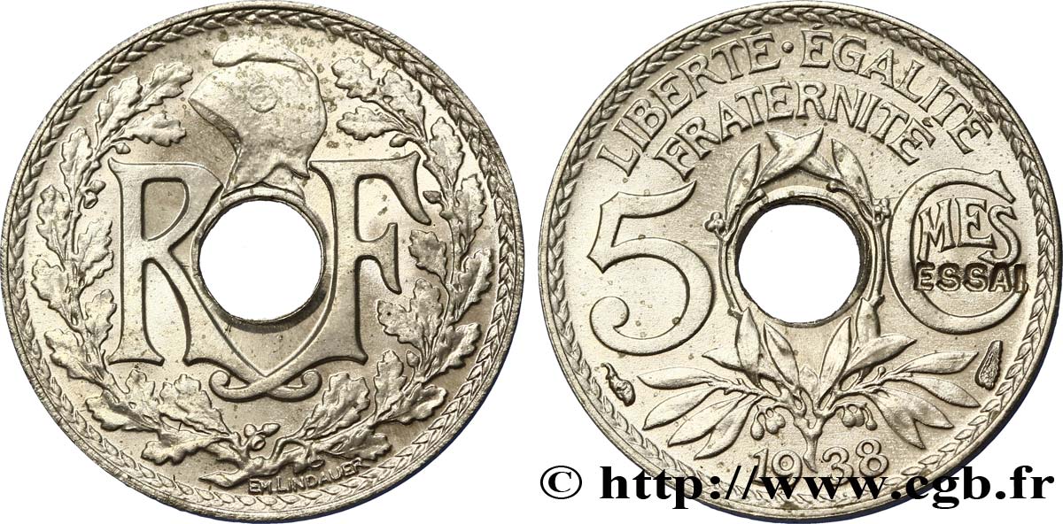 Essai de 5 centimes Lindauer maillechort, ESSAI en creux 1938 Paris VG.5489  MS63 
