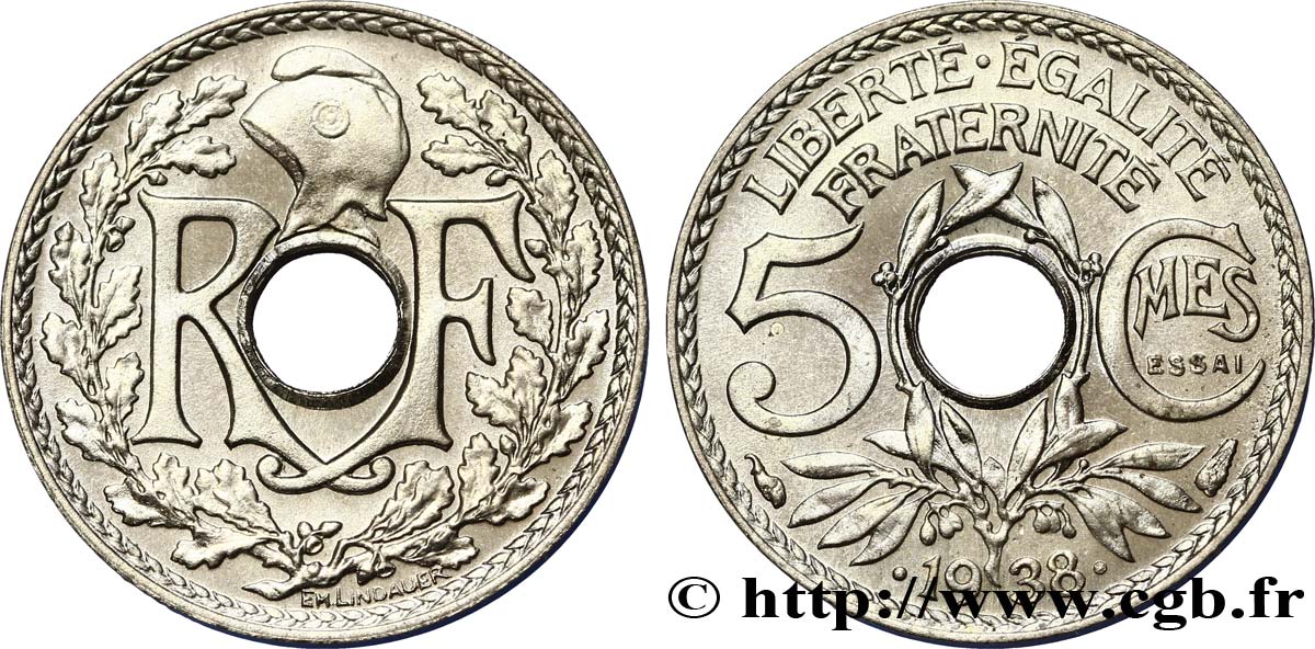 Essai de 5 centimes Lindauer maillechort, ESSAI en relief 1938 Paris F.123A/1 MS66 